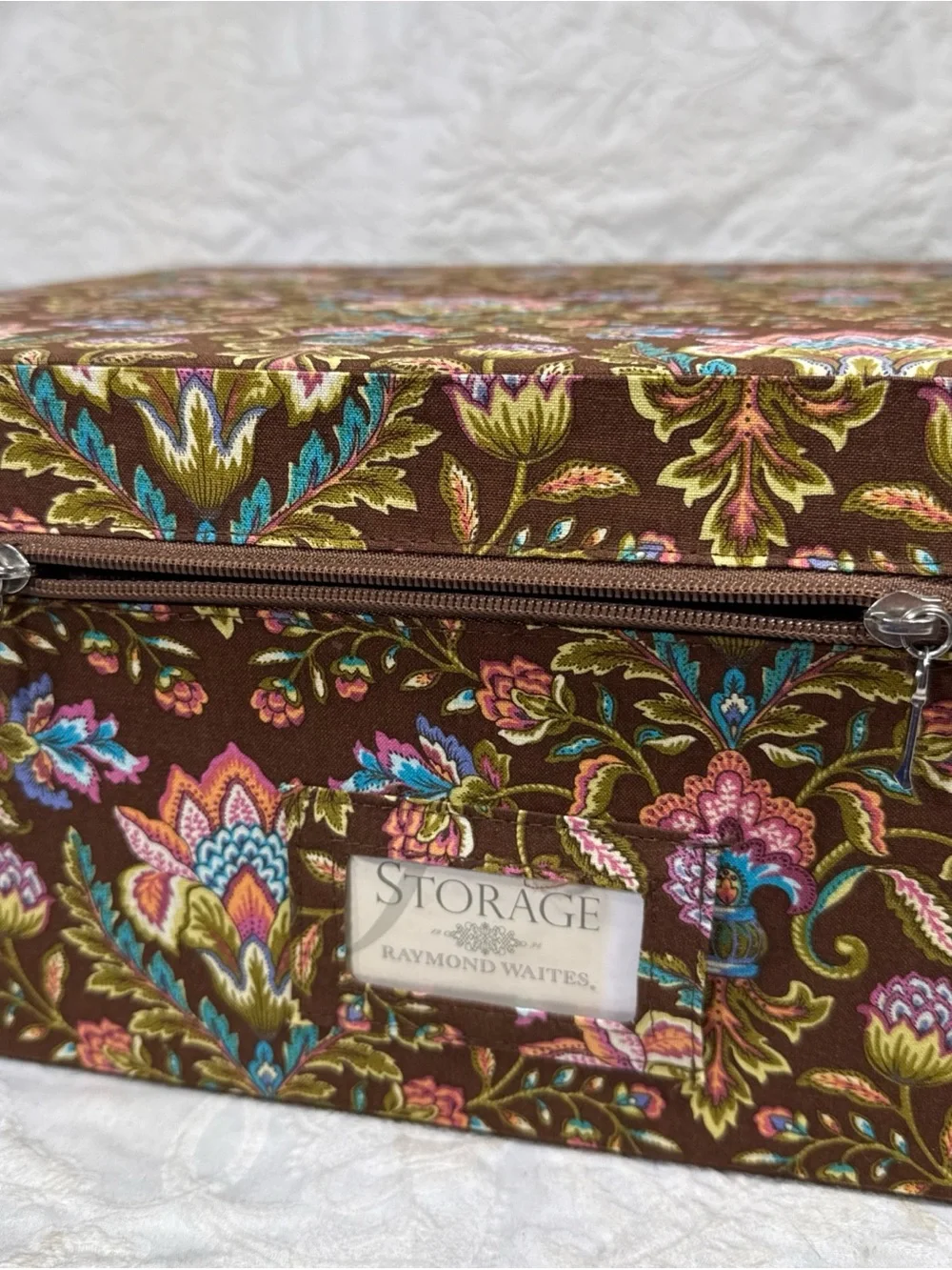Vintage Raymond Waites Storage Box Paisley & Floral Fabric Zip Close 16” x 12”